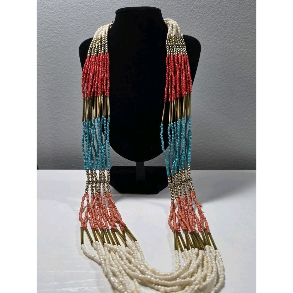 Multi-Strand Seed Bead Necklace Gold Accents Pink Turquoise‎ Coral